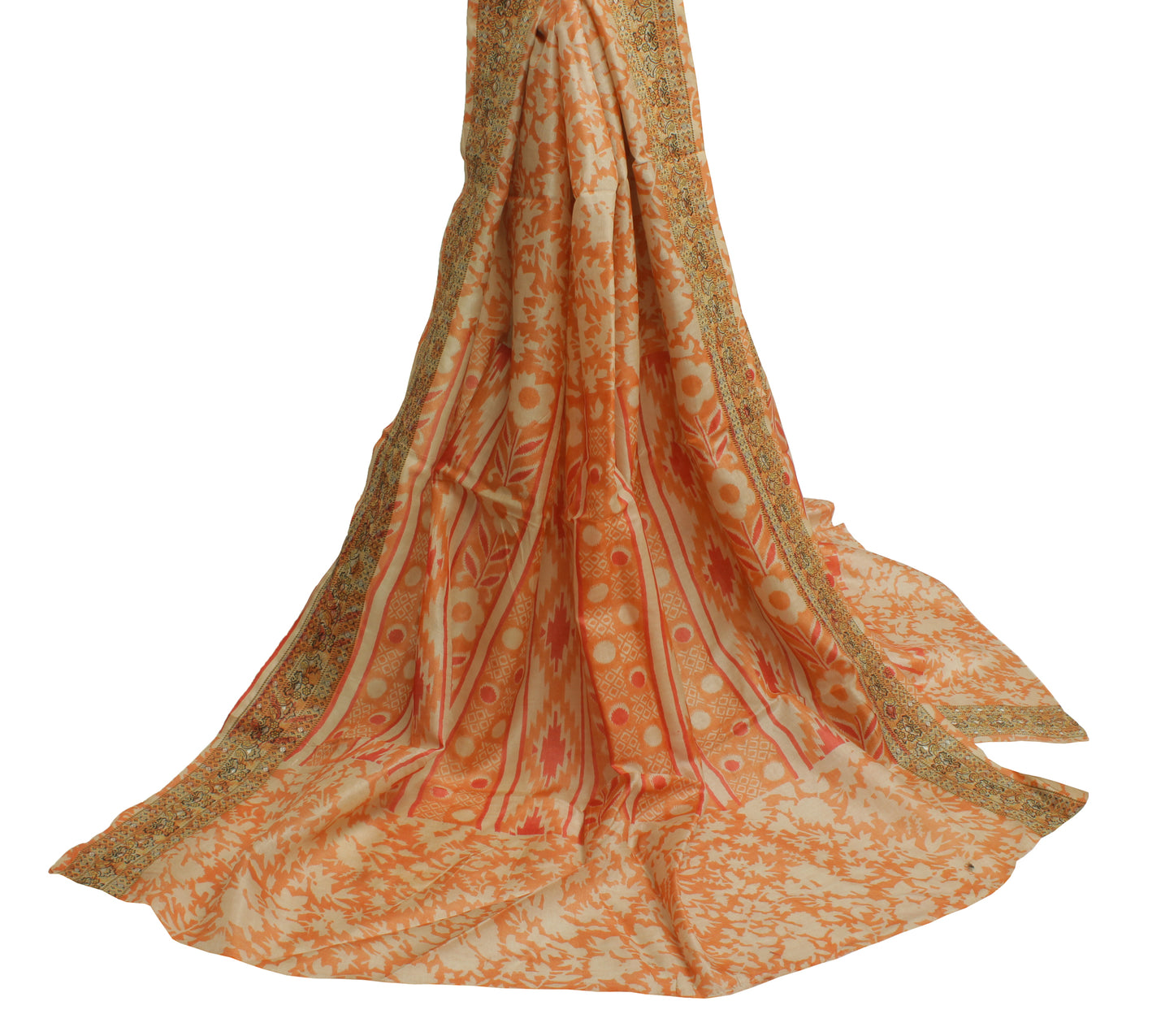 Sushila Vintage Orange Indian Dupatta 100% Pure Silk Printed Long Stole Hijab