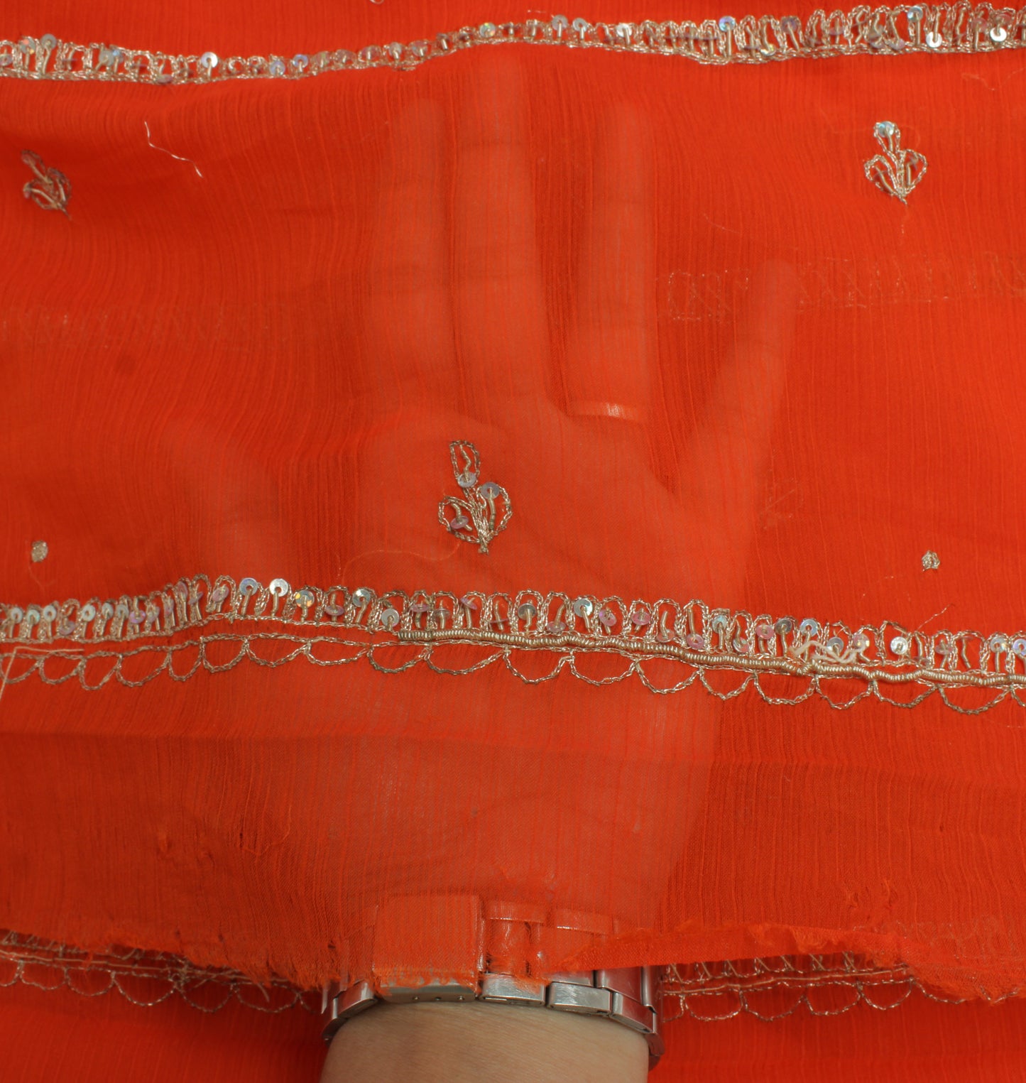 Sushila Vintage Orange Dupatta Blend Chiffon Silk Hand Beaded Zardozi Long Stole