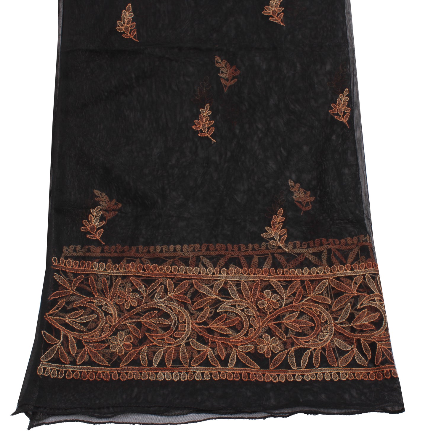 Sushila Vintage Black Indian Dupatta Net Mesh Embroidered Long Stole Hijab