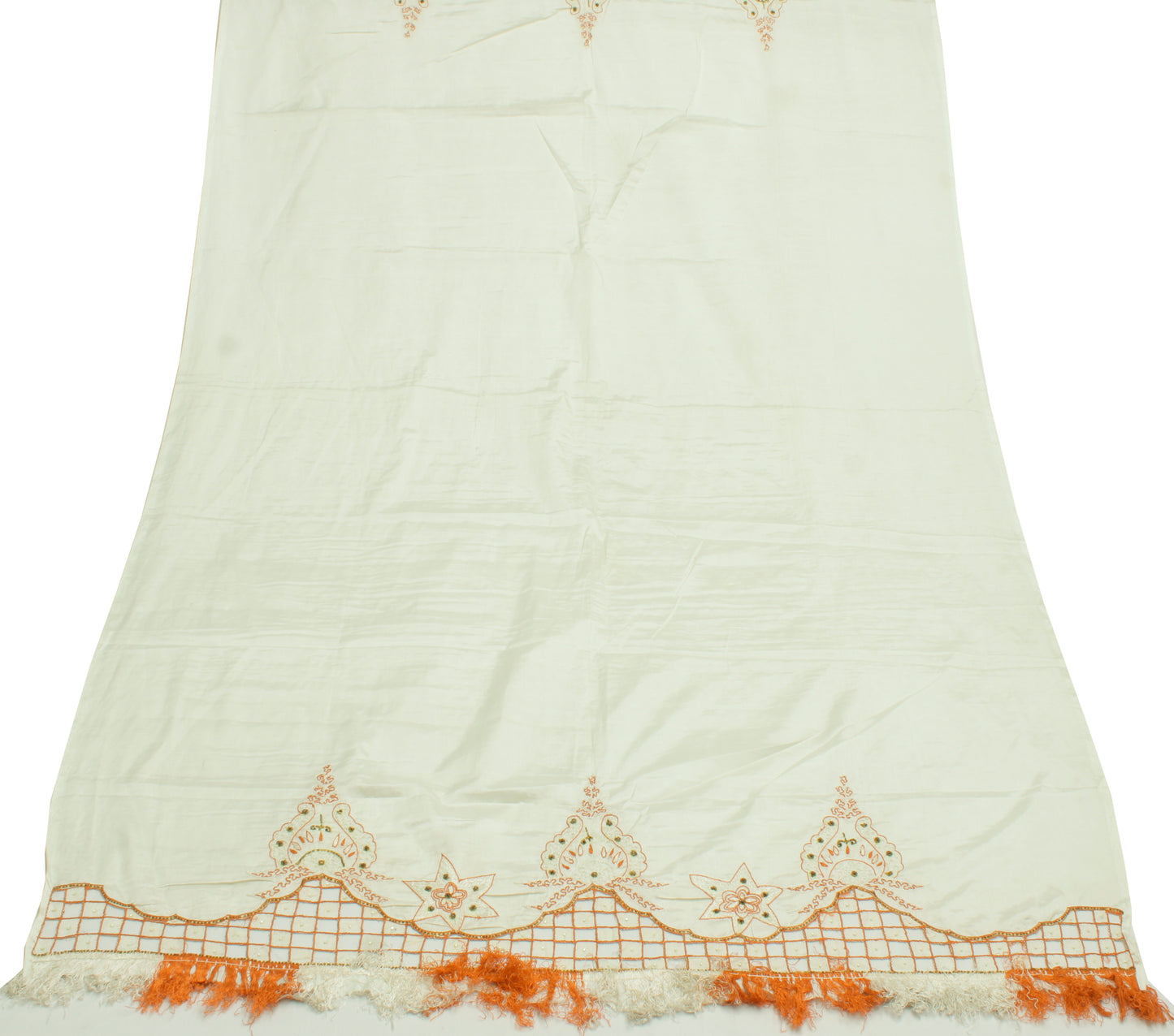 Sushila Vintage White Dupatta Blend Stain Silk Embroidered Long Stole Scraves