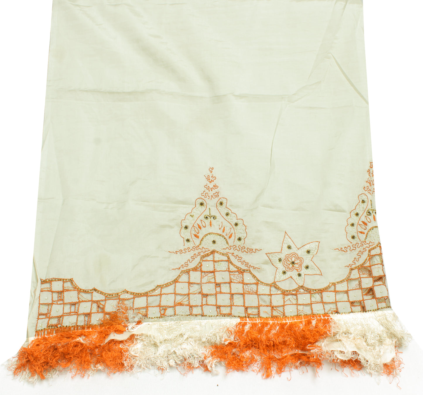 Sushila Vintage White Dupatta Blend Stain Silk Embroidered Long Stole Scraves