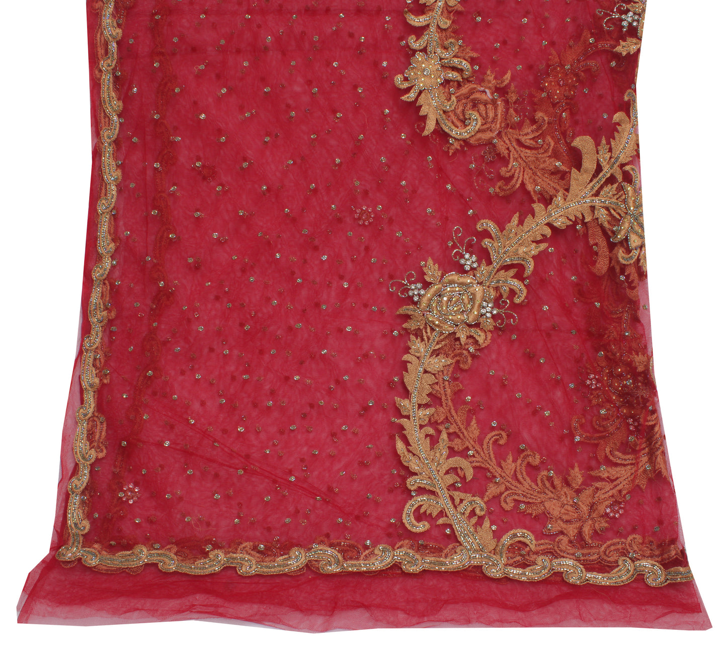 Sushila Vintage Red  Indian Dupatta Net Mesh Beaded Embroidered Long Stole Veil