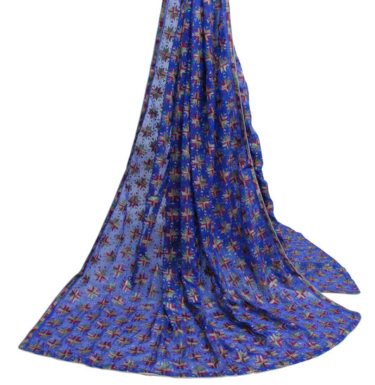 Sushila Vintage Blue Dupatta Pure Chiffon Silk Phulkari Embroidered Long Stole