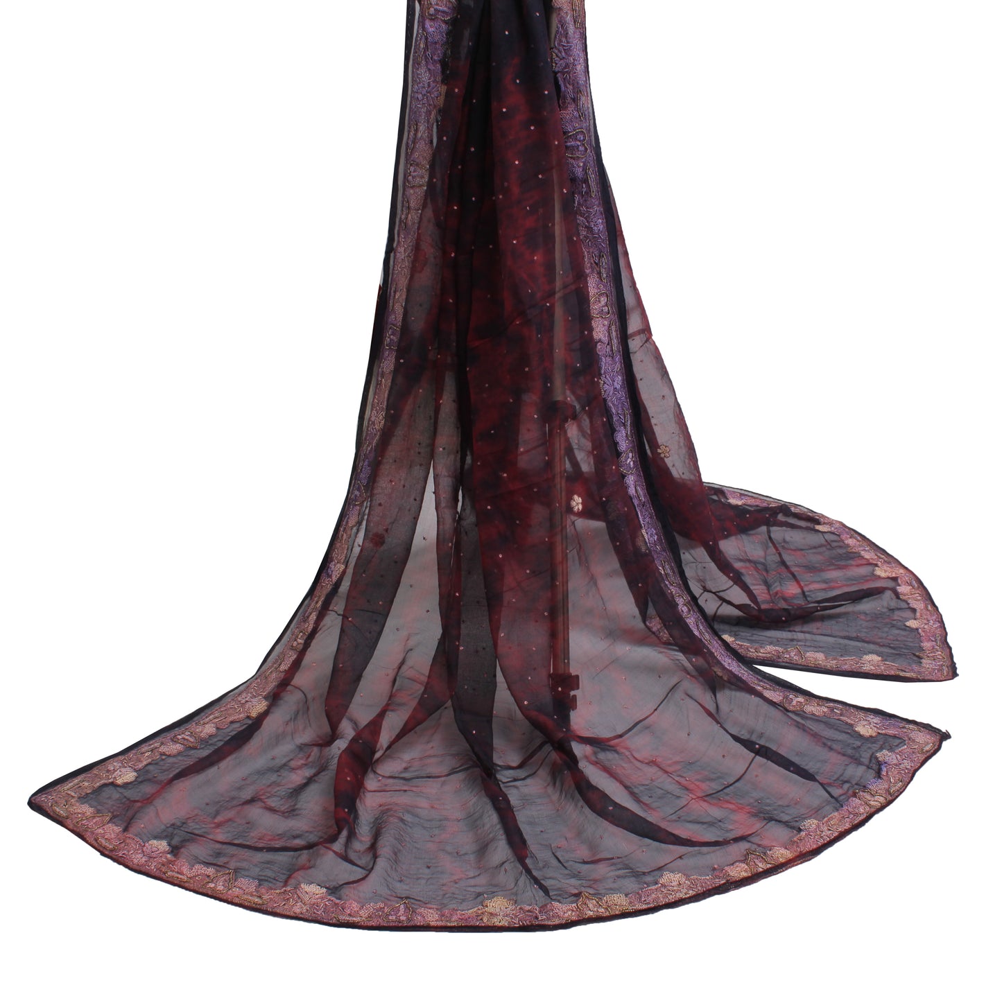 Sushila Vintage Maroon Tie-Dye Dupatta Pure Chiffon Silk Hand Beaded Long Stole