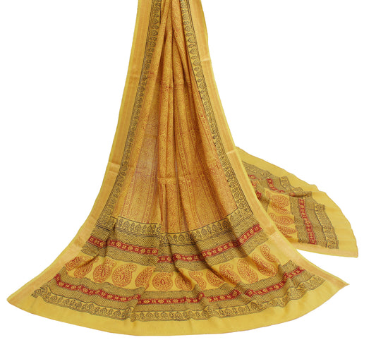 Sushila Vintage Yellow Indian Dupatta 100% Pure Cotton Printed Long Stole Hijab