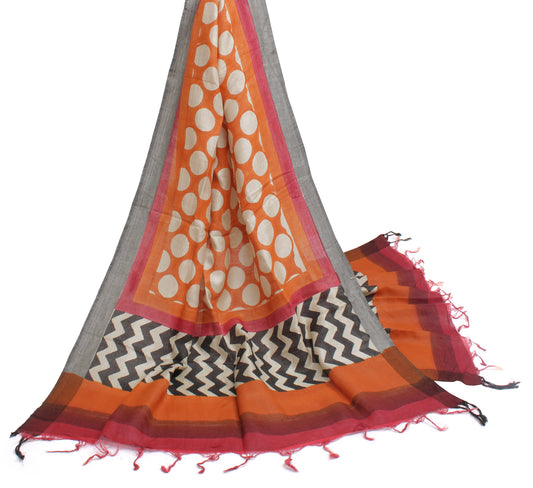 Sushila Vintage Orange Dupatta Pure Woolen Printed & Self Woven Long Stole Veil