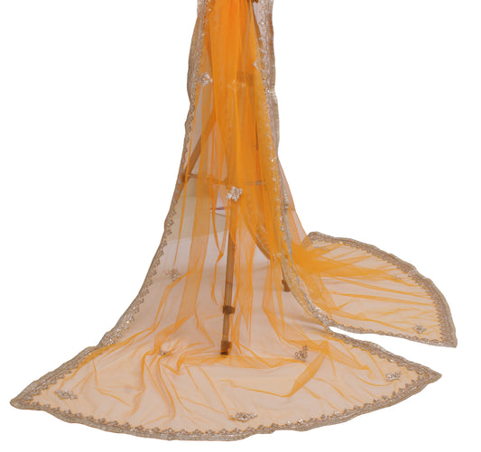 Sushila Vintage Orange Indian Dupatta Net Mesh Embroidered Long Stole Scarves