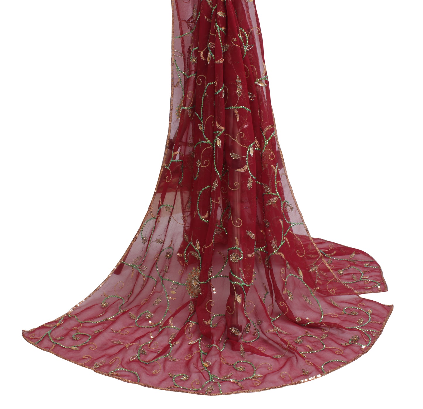 Sushila Vintage Maroon Dupatta Blend Georgette Silk Hand Beaded Long Stole Veil