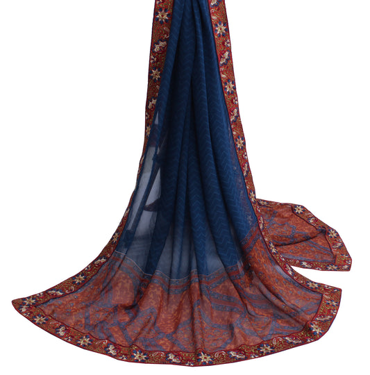 Sushila Vintage Blue Dupatta Blend Georgette Silk Printed Long Stole Hijab