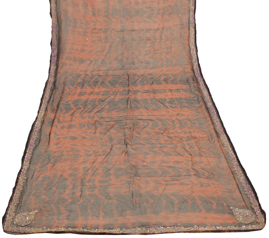 Sushila Vintage Brown Tie-Dye Dupatta Pure Chiffon Silk Hand Beaded Long Stole