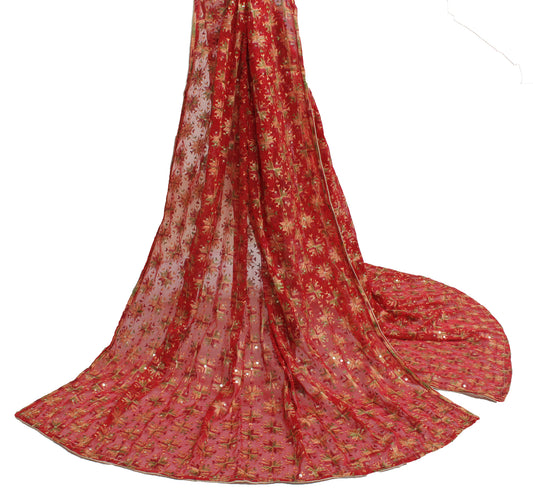 Sushila Vintage Red Dupatta Blend Chiffon Silk Phulkari Embroidered Long Stole