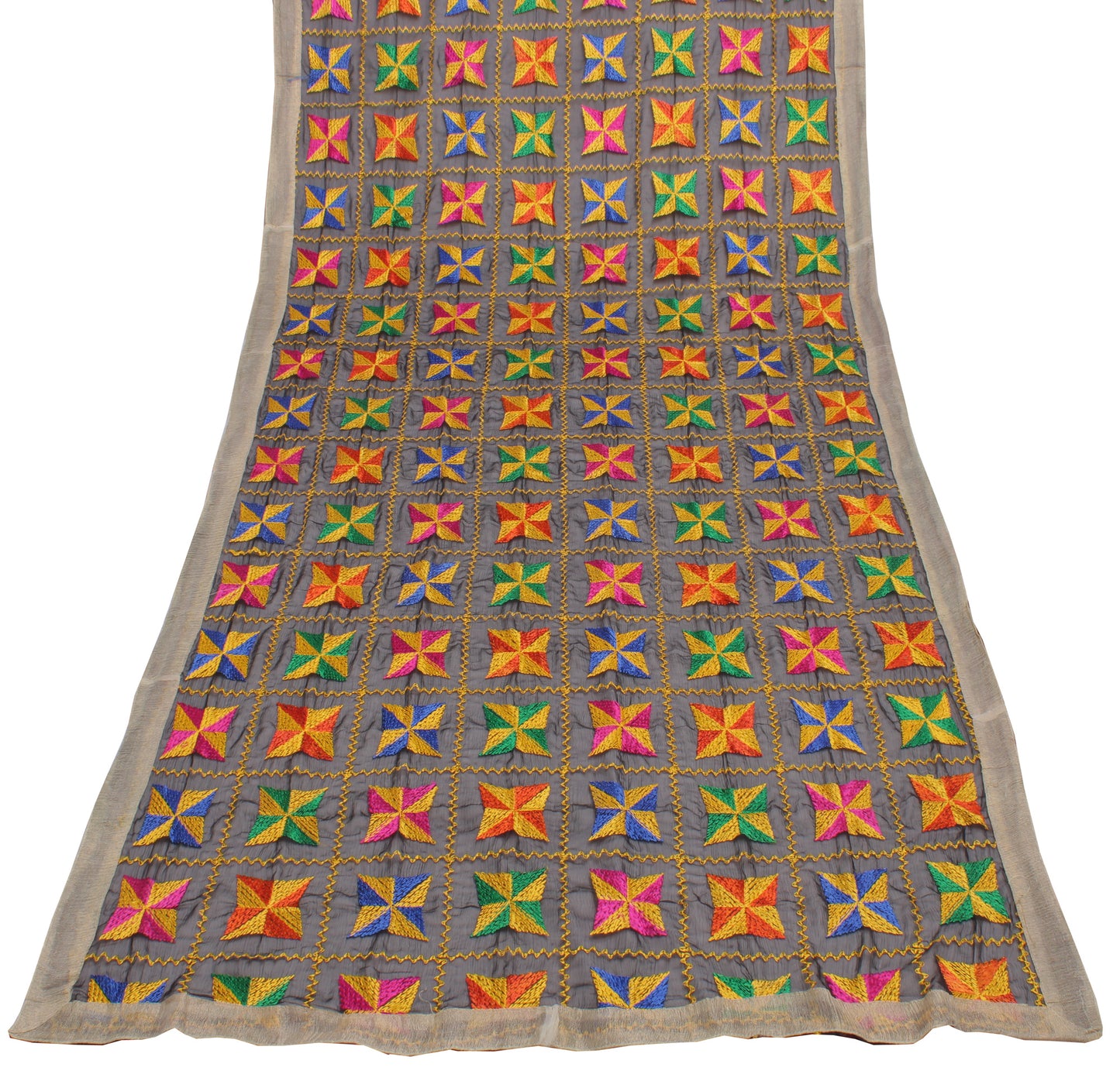 Sushila Vintage Black Dupatta Blend Chiffon Silk Phulkari Embroidered Long Stole