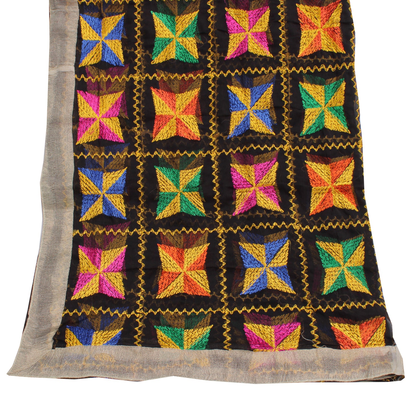 Sushila Vintage Black Dupatta Blend Chiffon Silk Phulkari Embroidered Long Stole