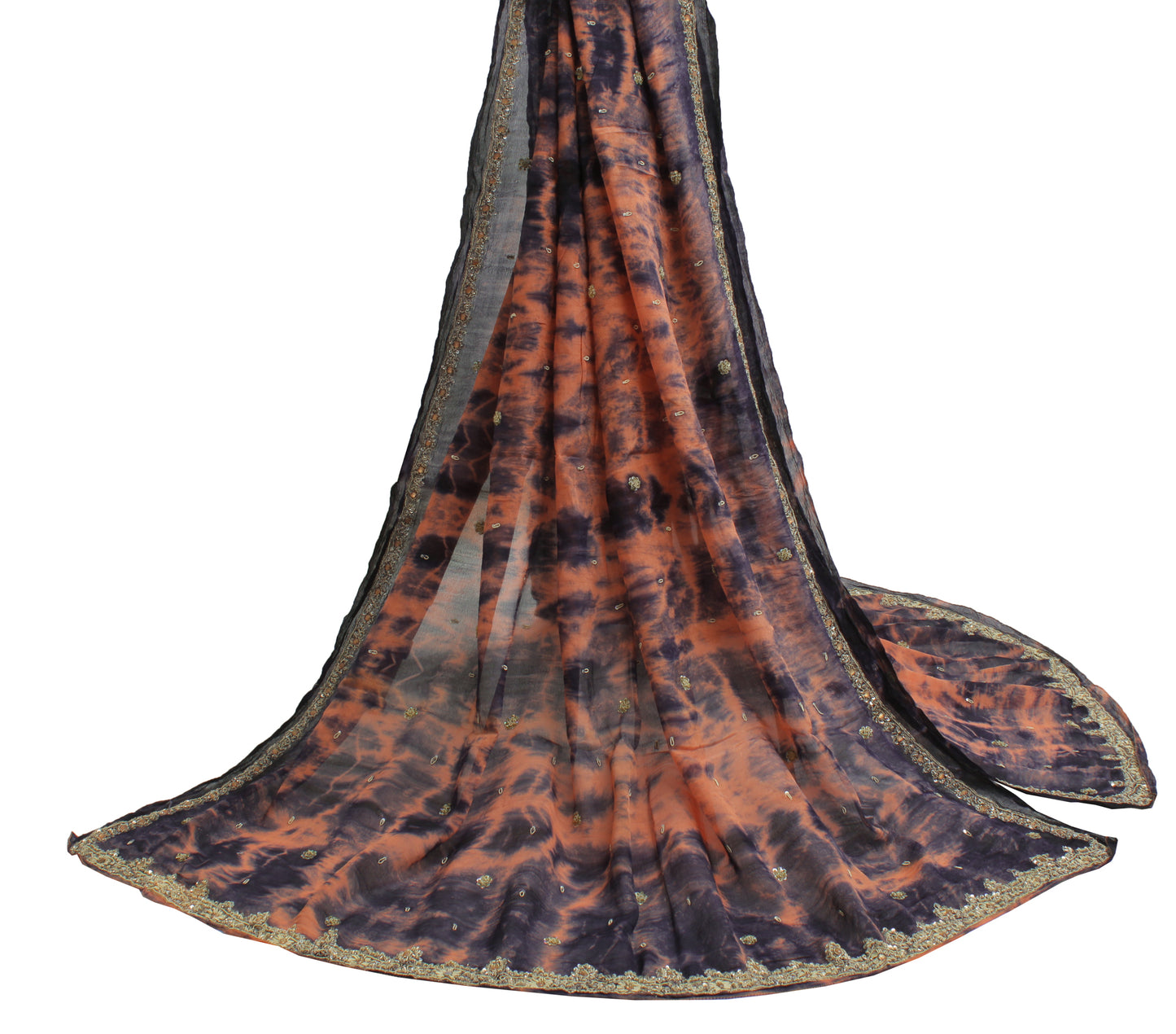 Sushila Vintage Indian Tie-Dye Dupatta Pure Chiffon Silk Hand Beaded Long Stole