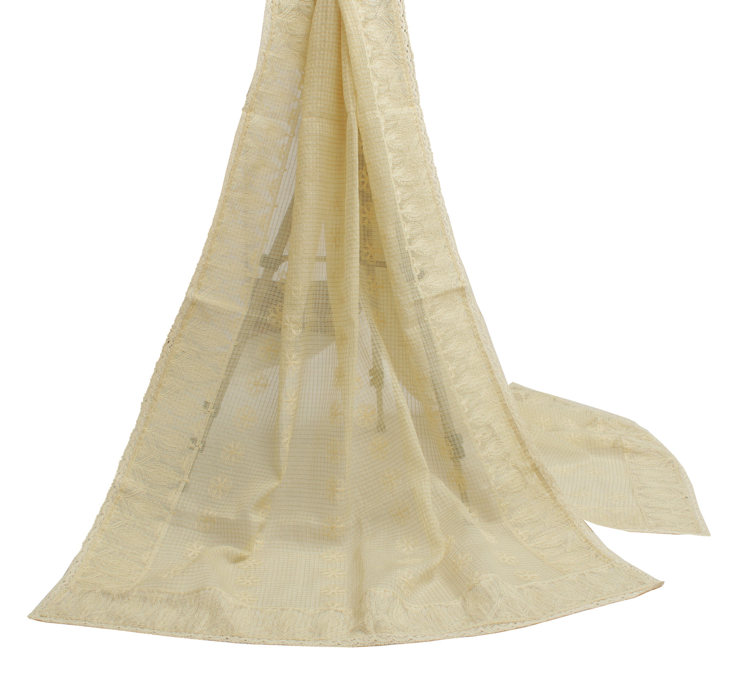 Sushila Vintage Cream Indian Dupatta Pure Cotton Hand Embroidered Long Stole