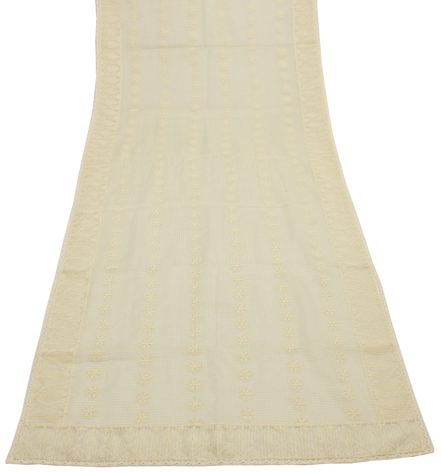 Sushila Vintage Cream Indian Dupatta Pure Cotton Hand Embroidered Long Stole