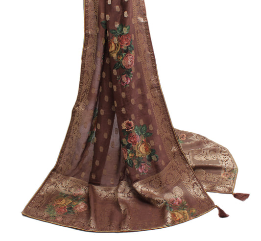 Sushila Vintage Dark Brown Dupatta 100% Pure Silk Woven & Printed Long Stole