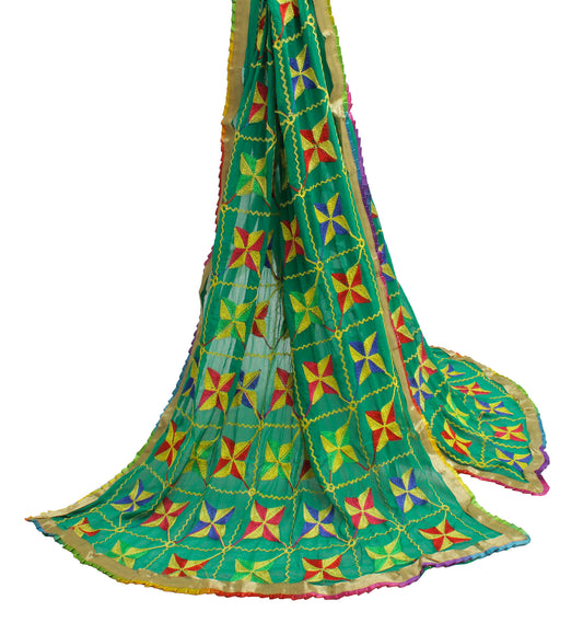 Sushila Vintage Green Dupatta Blend Chiffon Silk Phulkari Embroidered Long Stole