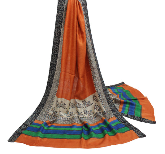 Sushila Vintage Orange Dupatta Indian 100% Pure Woolen Printed Long Stole Veil