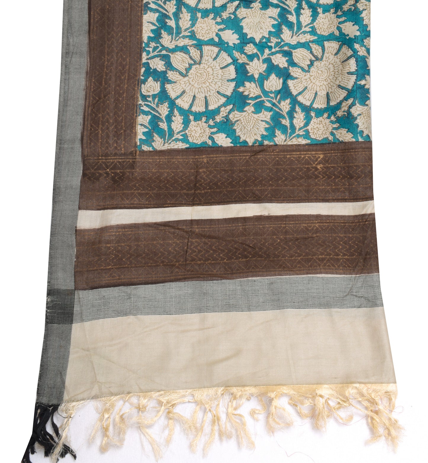 Sushila Vintage Teal Blue Indian Dupatta Pure Woolen Printed Long Stole Veil