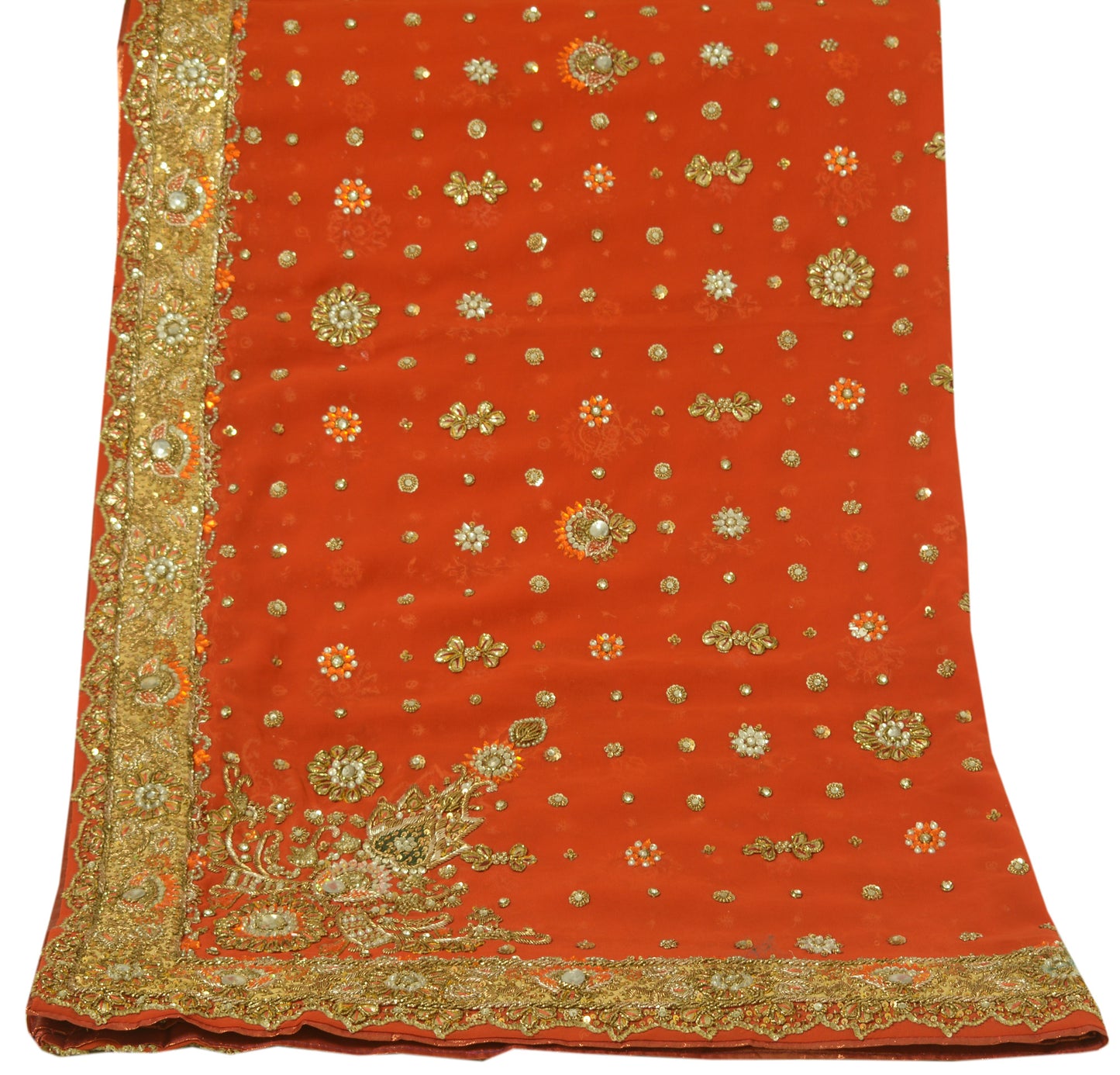 Sushila Vintage Heavy Orange Dupatta Georgette Hand Beaded Long Stole Scarves